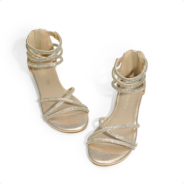 Girls Strappy Low Wedge Sandals - GOLD - 3